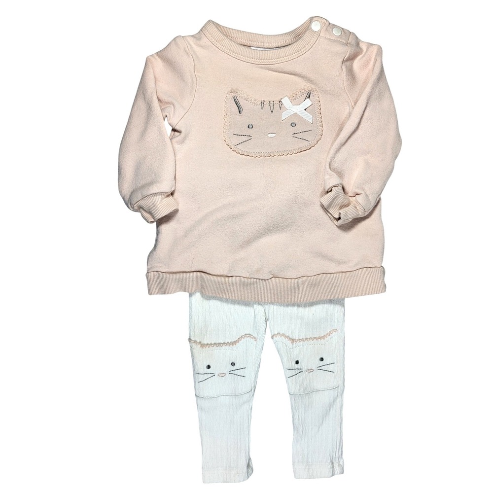 Dylan & Abby Cat Face Sweatshirt Ribbed Leggings 2 Piece Set Pink White 3-6 mo
